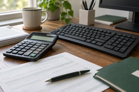 Keyboard, calculator and fictional financial paperwork on a desk