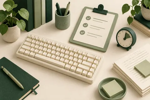Illustration of a keyboard, study checklist and timer