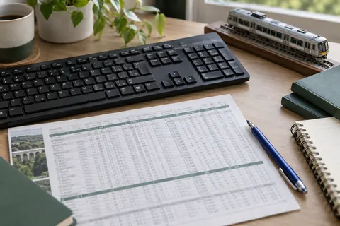 Keyboard, railway timetable and model train on a study desk