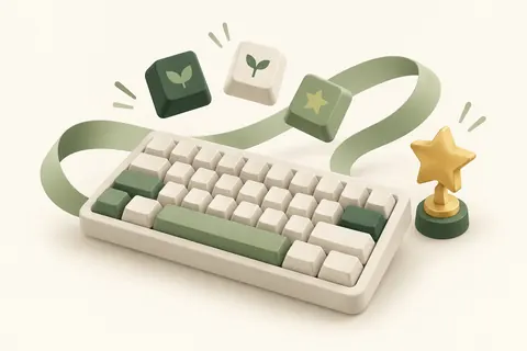 Illustration of a keyboard with floating keycaps and a star trophy