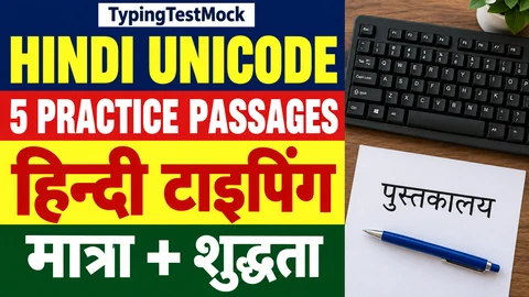 Hindi Unicode typing worksheet: five practice passages for vowel marks and accuracy, beside a keyboard and Hindi text